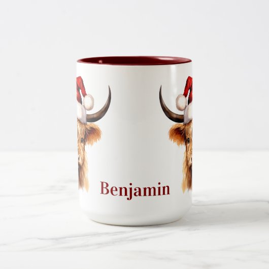 Highland Koe Feestelijk Boerderij Dierenkerst Tweekleurige Koffiemok (Center)