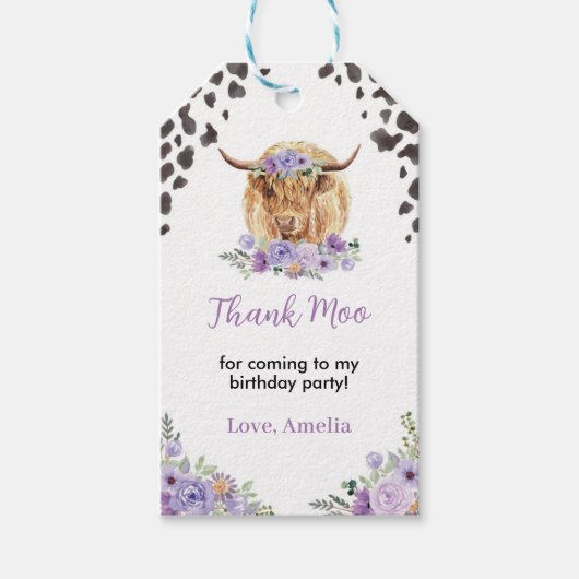 Highland Koe Floral Birthday Dank u Label Cadeaulabel (Voorkant)