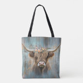 Highland Koe Floral Crown Rustieke Elegante Boerde Tote Bag (Achterkant)