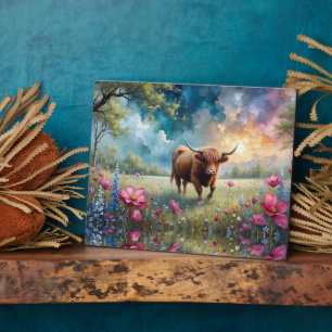 Highland Koe Floral Kleurrijke boom en lucht Fotoplaat