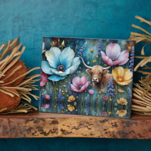 Highland Koe Floral Kleurrijke Kosmos Tapestry Fotoplaat
