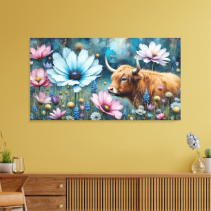 Highland Koe Floral Kleurrijke Kosmos Tapestry II Canvas Afdruk