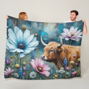 Highland Koe Floral Kleurrijke Kosmos Tapestry II Fleece Deken