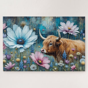 Highland Koe Floral Kleurrijke Kosmos Tapestry II Legpuzzel