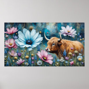Highland Koe Floral Kleurrijke Kosmos Tapestry II Poster