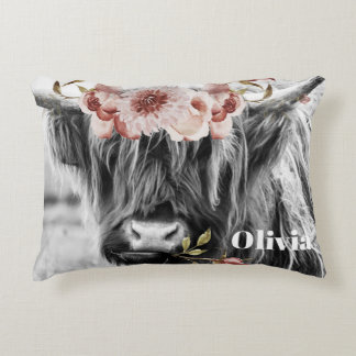 Highland Koe Floral | Westerne Cowgirl Kinder naam Accent Kussen