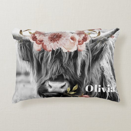 Highland Koe Floral | Westerne Cowgirl Kinder naam Accent Kussen (Voorkant)
