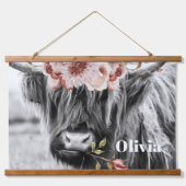 Highland Koe Floral | Westerne Cowgirl Kinder naam Hangend Wandkleed (Voorkant)