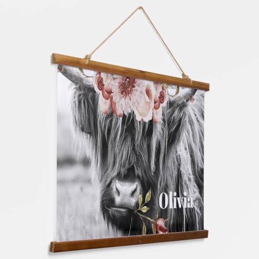 Highland Koe Floral | Westerne Cowgirl Kinder naam Hangend Wandkleed (Gebogen)