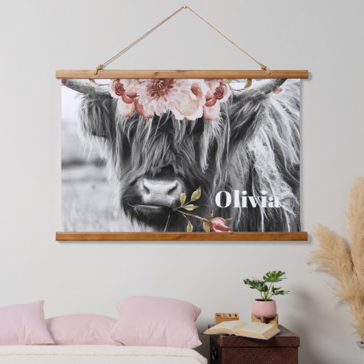 Highland Koe Floral | Westerne Cowgirl Kinder naam Hangend Wandkleed (Slaapkamer)