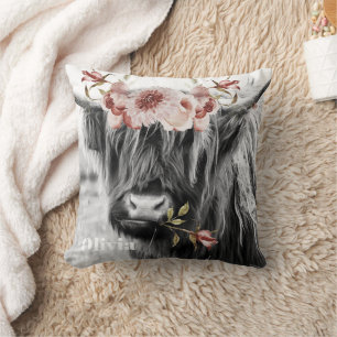 Highland Koe Floral   Westerne Cowgirl Kinder naam Kussen
