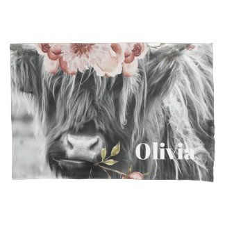 Highland Koe Floral | Westerne Cowgirl Kinder naam Kussensloop