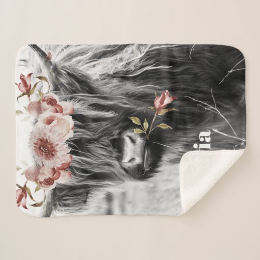 Highland Koe Floral | Westerne Cowgirl Kinder naam Sherpa Deken (Voorkant (horizontaal))