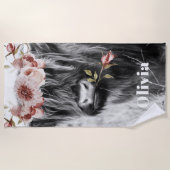 Highland Koe Floral | Westerne Cowgirl Kinder naam Strandlaken (Voorkant)