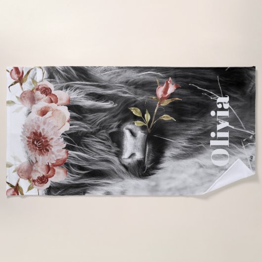 Highland Koe Floral | Westerne Cowgirl Kinder naam Strandlaken (Voorkant)