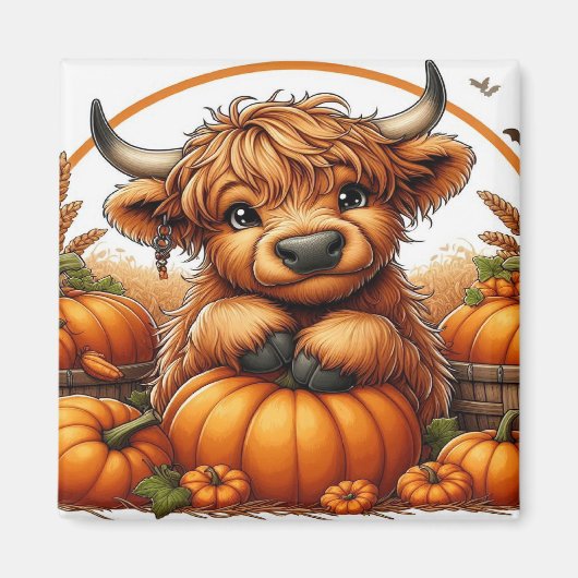 Highland Koe genesteld tussen herfstoogst pompoene Magneet (Voorkant)