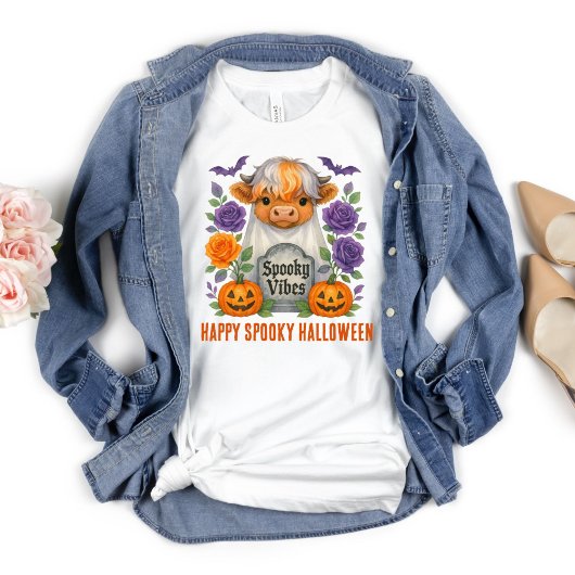 Highland Koe Ghost Halloween Pumpkins Flowers T-shirt