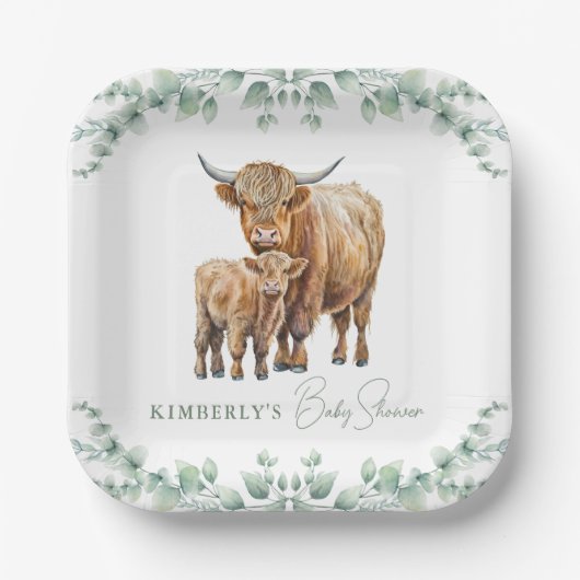 Highland Koe Greenery Boho Boerderij Animal Baby s Papieren Bordje (Voorkant)