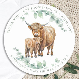 Highland Koe Greenery Boho Boerderij Animal Baby s Ronde Sticker