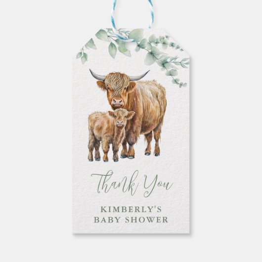 Highland Koe Greenery Farm Animals Baby shower Cadeaulabel (Achterkant)