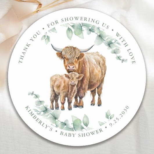 Highland Koe Greenery Farm Animals Baby shower Ronde Sticker