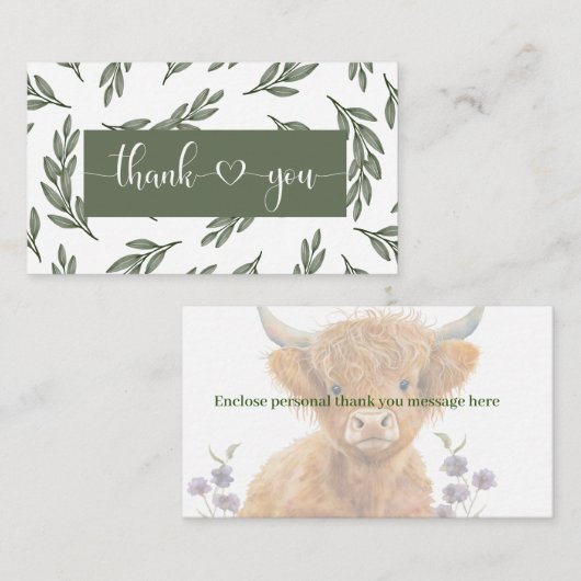 Highland Koe groen baby shower dank u Informatiekaartje (Voorkant / Achterkant)