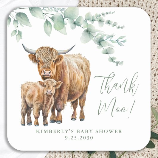 Highland Koe groen Baby shower dank u Vierkante Sticker