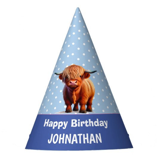 Highland Koe Happy Birthday Blue Party Pet Feesthoedjes (Voorkant)