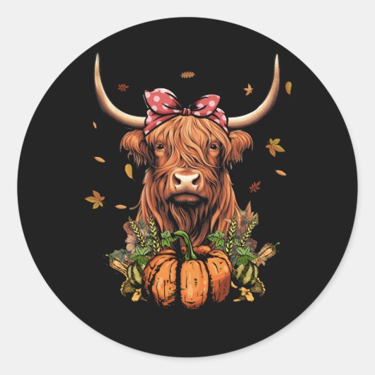 Highland Koe Herfst en laat pompoenen herfst dank Ronde Sticker (Voorkant)