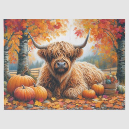 Highland Koe Herfst Pompoenen Waterverf Decoupage Tissuepapier (Voorkant)