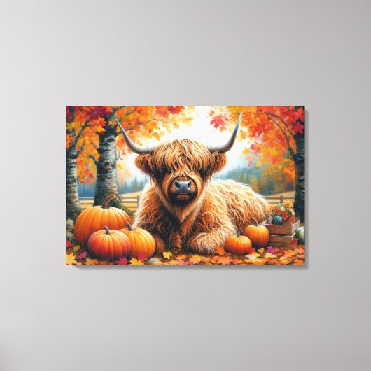 Highland Koe Herfst Pumpkins Waterverf Canvas Afdruk (Voorkant)
