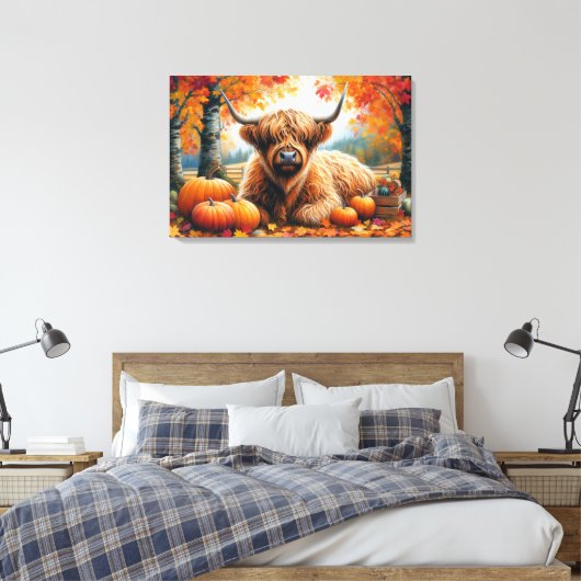 Highland Koe Herfst Pumpkins Waterverf Canvas Afdruk (Insitu (Slaapkamer))