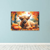 Highland Koe Herfst Pumpkins Waterverf Canvas Afdruk (Insitu (Houten vloer))