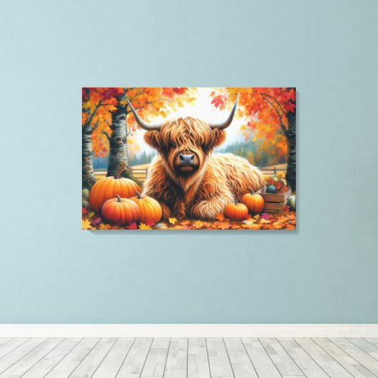 Highland Koe Herfst Pumpkins Waterverf Canvas Afdruk (Insitu (Houten vloer))