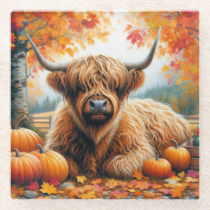 Highland Koe Herfst Pumpkins Waterverf Glazen Onderzetter