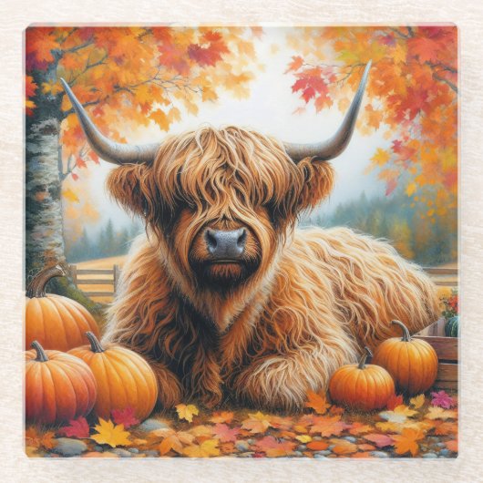 Highland Koe Herfst Pumpkins Waterverf Glazen Onderzetter (Voorkant)