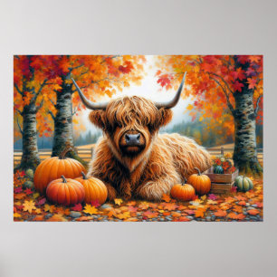 Highland Koe Herfst Pumpkins Waterverf Poster