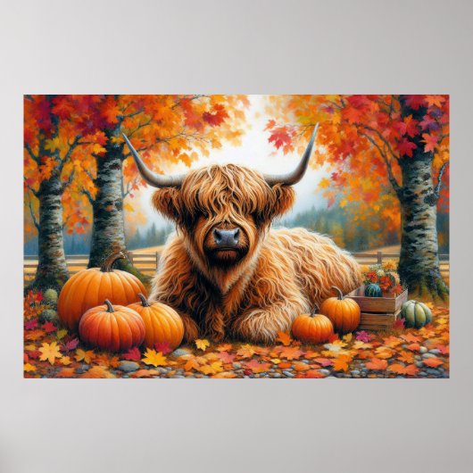 Highland Koe Herfst Pumpkins Waterverf Poster (Voorkant)