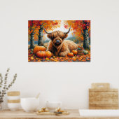 Highland Koe Herfst Pumpkins Waterverf Poster (Keuken)