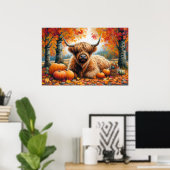 Highland Koe Herfst Pumpkins Waterverf Poster (Thuiskantoor)