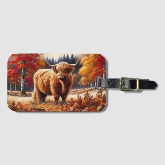 Highland Koe herfst Waterverf Bagagelabel (Voorkant (horizontaal))