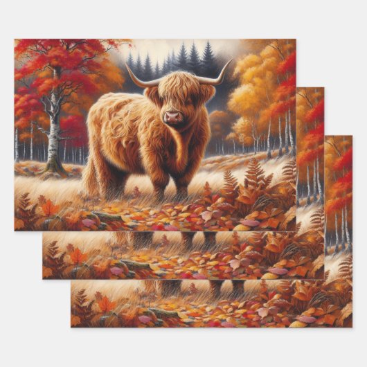 Highland Koe herfst Waterverf Inpakpapier Vel (Set)