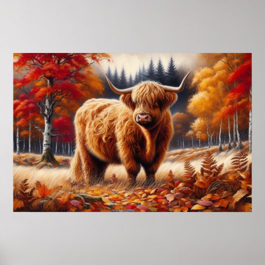 Highland Koe herfst Waterverf Poster (Voorkant)
