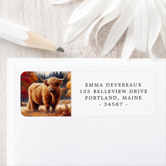 Highland Koe herfst Waterverf retouradres Etiket (Insitu)