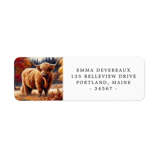 Highland Koe herfst Waterverf retouradres Etiket (Voorkant)