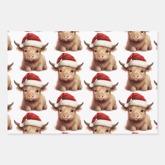 Highland Koe Holiday Wrapping Papier 3 vellen (Voorkant)