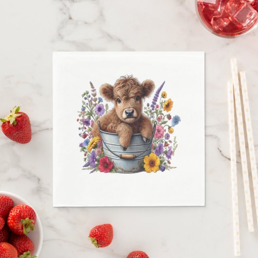 Highland Koe in Bloemenemmer, Schattige Servet (Insitu)