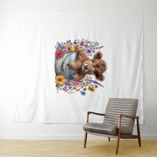 Highland Koe in Bloemenemmer, Schattige Wandkleed (In Situ (horizontaal))