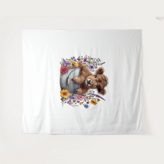 Highland Koe in Bloemenemmer, Schattige Wandkleed (Voorkant (horizontaal))