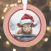 Highland Koe in de Schattigee Santa Hat Gingham Ch Ornament